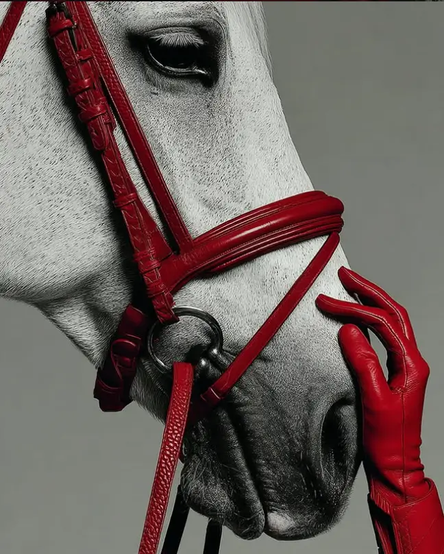 Red leather bridle and glove on a white horse — Homeland Ranjit Avenue craftsmanship campaign imagery