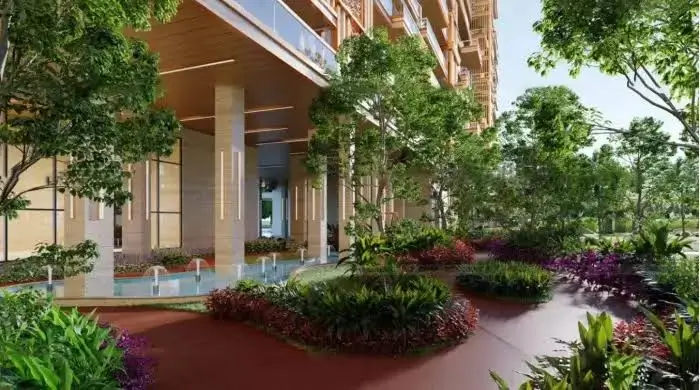 Landscaped garden walkway with water features at a Homeland Group residential development — CP67 Mohali, Sector 67, International Airport Road, Mohali