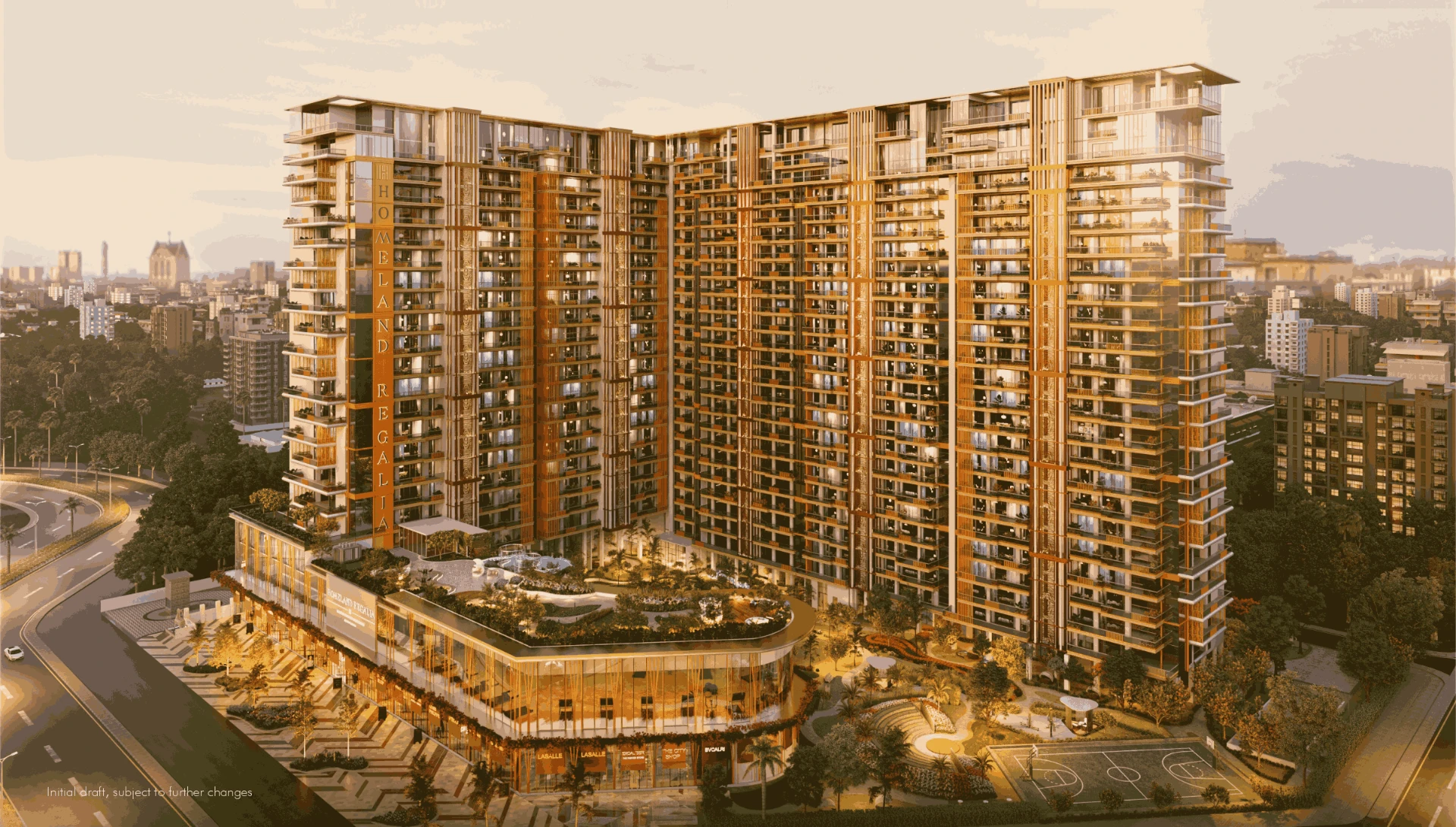 Homeland Regalia twin high-rise towers with podium clubhouse and pool at Sector 77, Airport Road Mohali